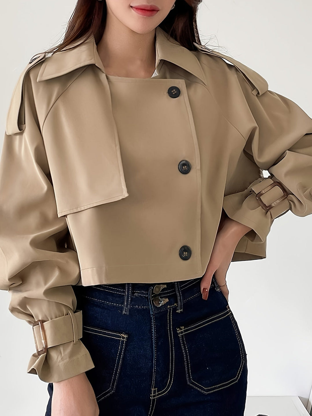 Evelyn - Trench-coat kaki stylé avec col à revers et fermeture à plumes chic pour femmes