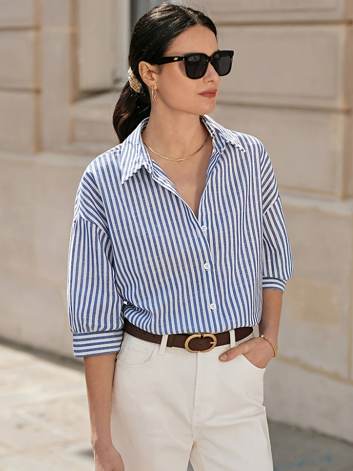 Clara - Fashionable blue and white striped women's shirt