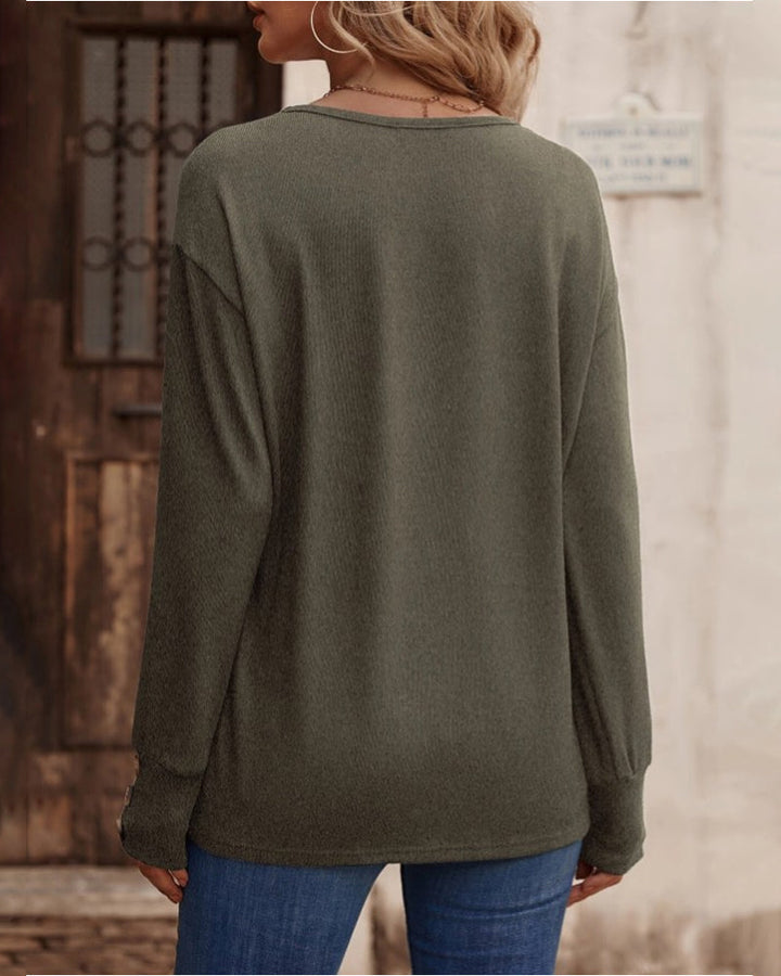 Therese - Top uni élégant et confortable avec décolleté en V et boutons pour femmes