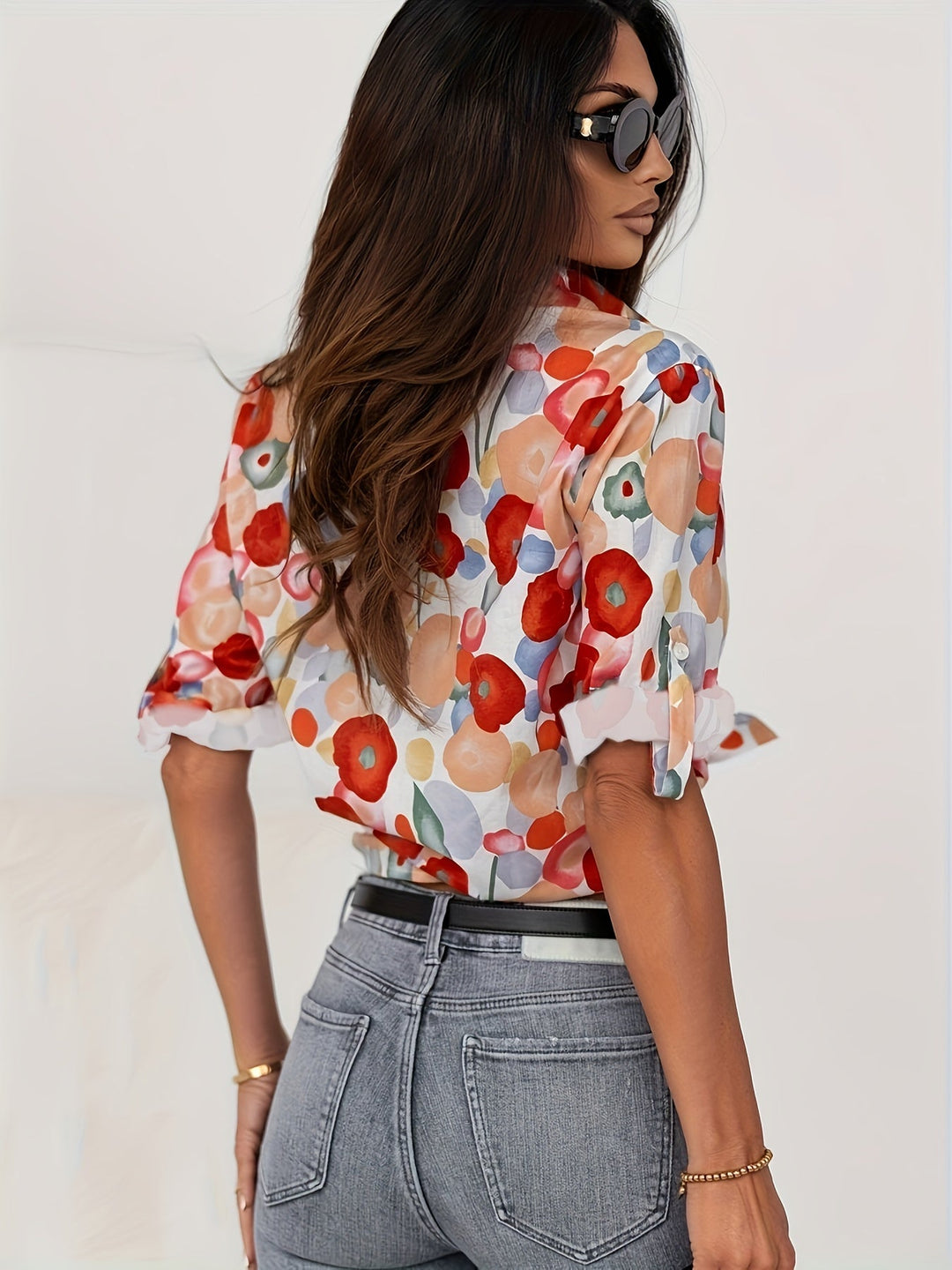 Ira - Elegant red blouse with floral pattern for spring for women