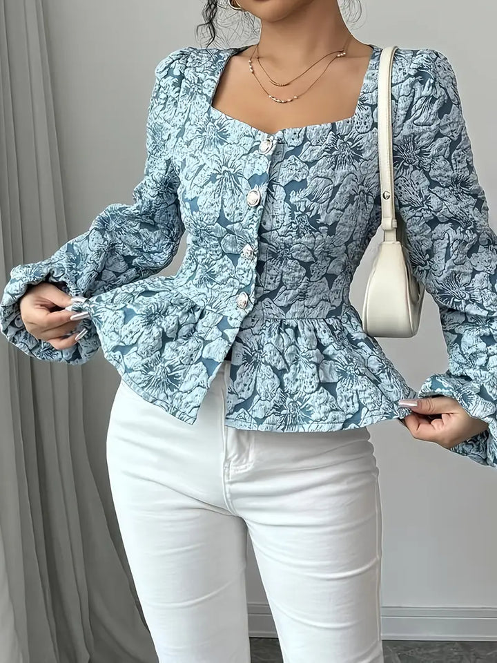 Hazel - Haut jacquard bleu élégant à motif floral pour un look d'automne parfait pour femmes