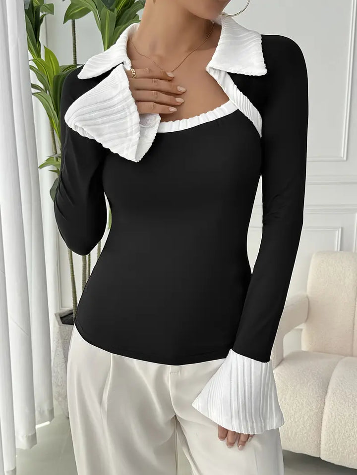 Natalie - Top noir stylé et chic d'automne avec col contrastant pour femmes