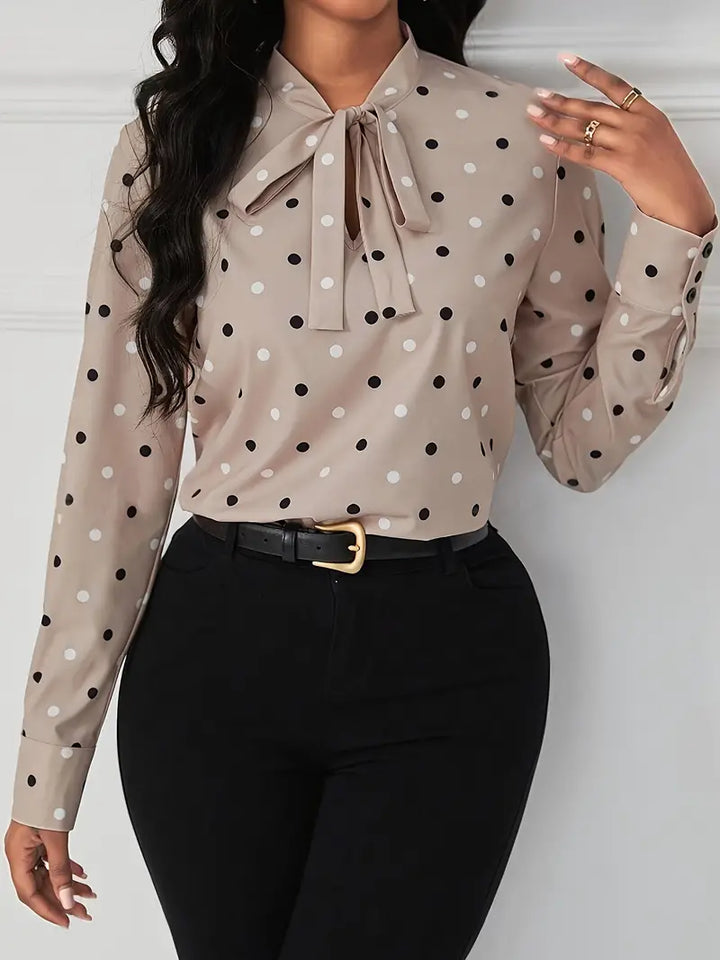 Meredith - Blouse à pois chic avec nœud élégant au col pour l'automne pour femmes