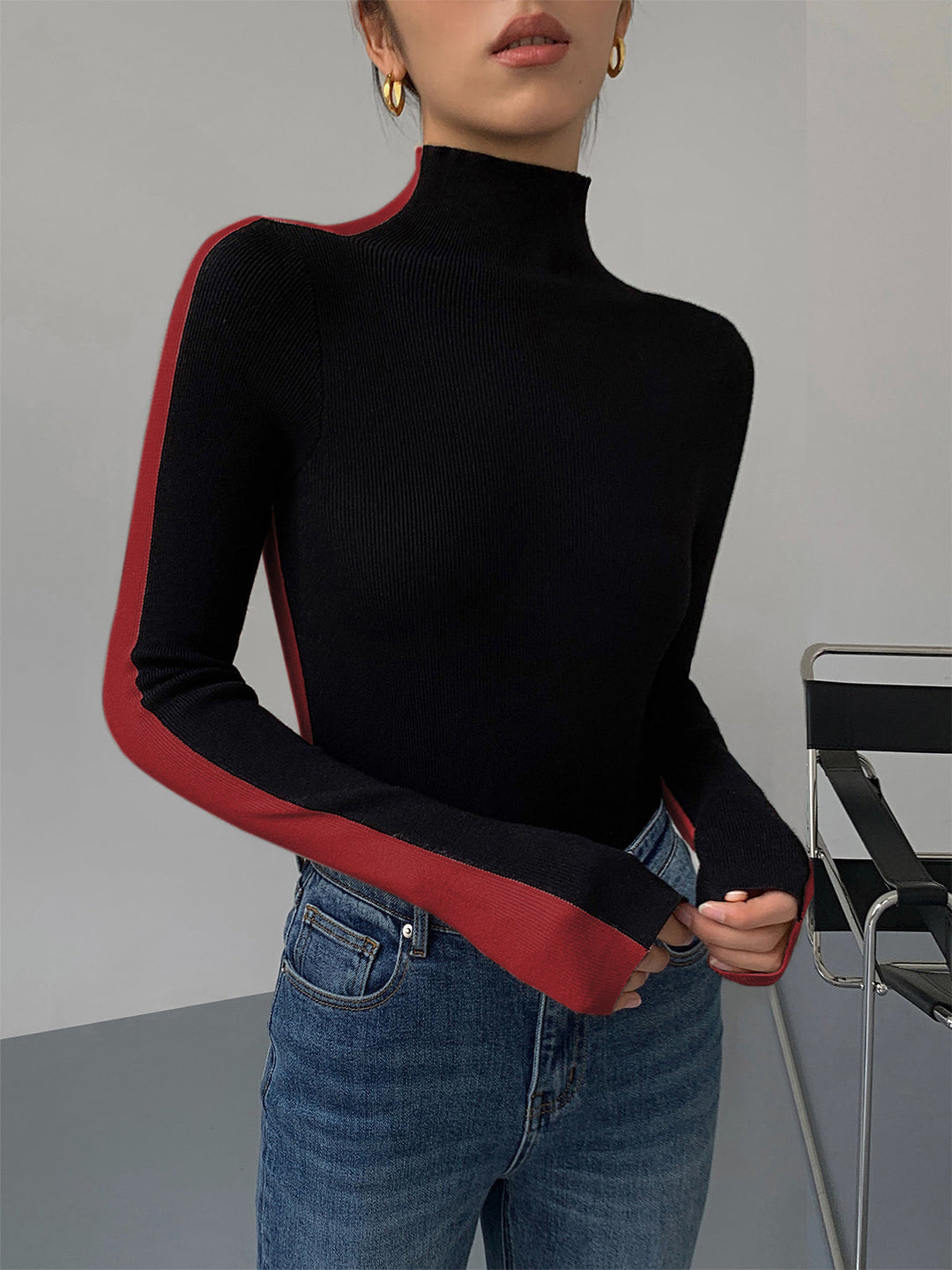 Chic advanced two-tone long-sleeve knit top for women | Sophie