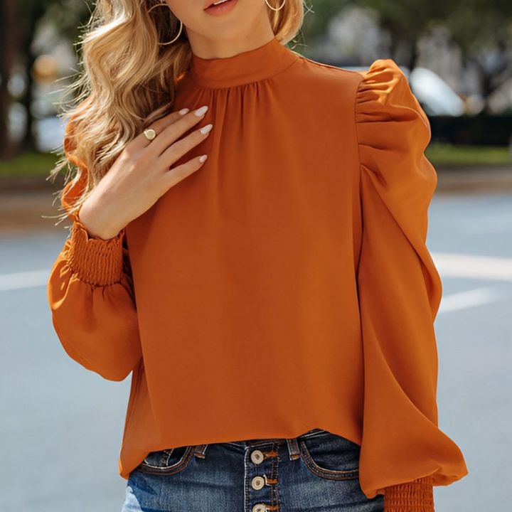 Laila - Elegant autumn blouse with puff sleeves in fashionable brown for women