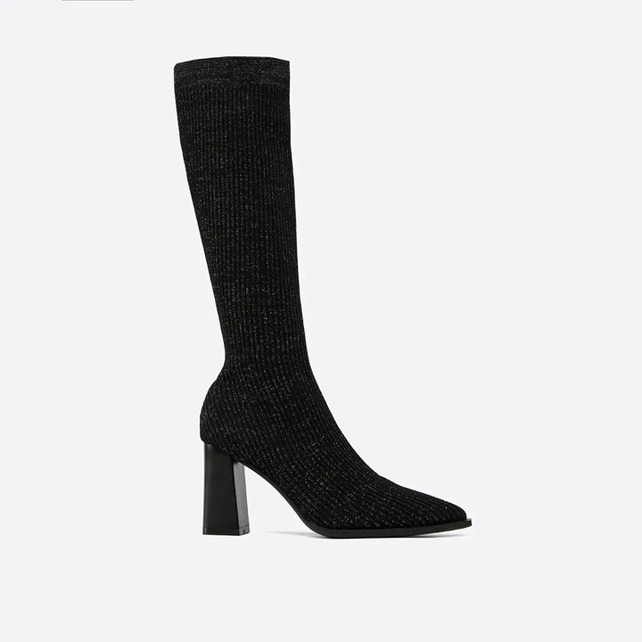 AMELIA - Trendige hohe Strickstiefel mit bequemem Blockabsatz
