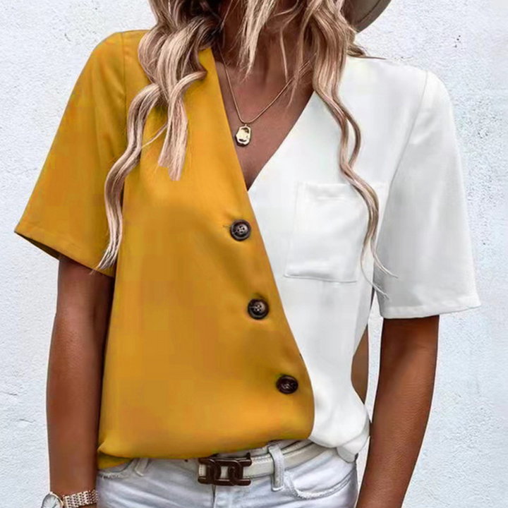 Lara - Elegant V-Neck Blouse for Women with Fashionable Button Placket and Luxurious Two-Tone Design