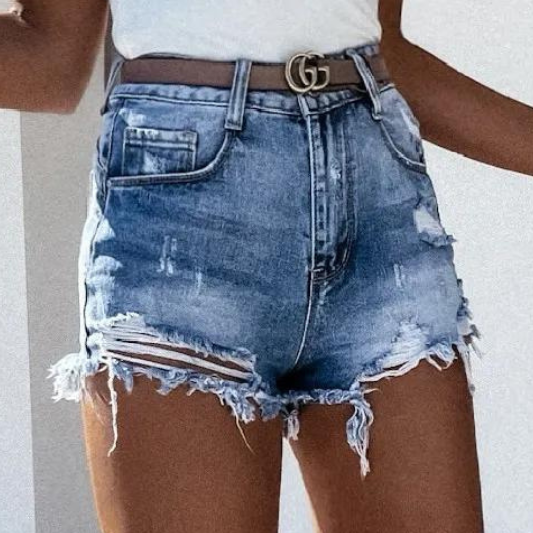Denis - Short en denim usé taille haute stylé avec franges tendance