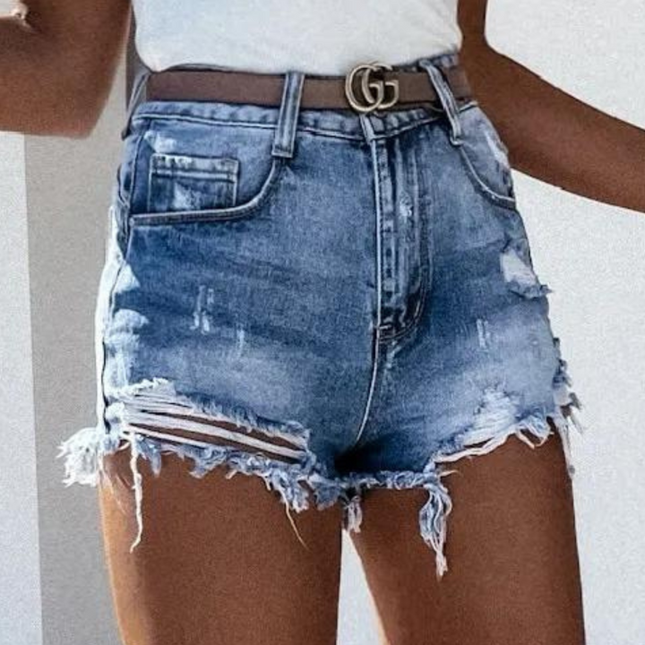 Denis - Short en denim usé taille haute stylé avec franges tendance