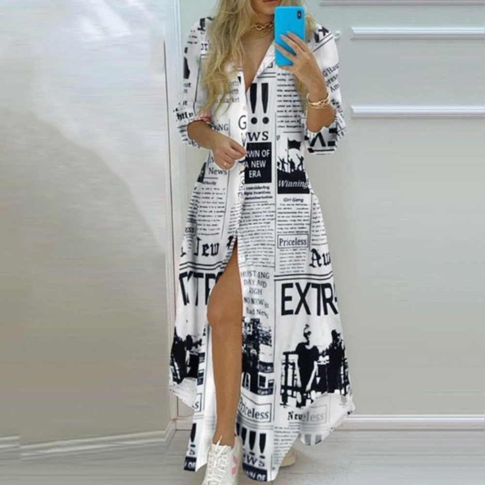 Antonia - Robe de luxe avec imprimé artistique unique de journaux