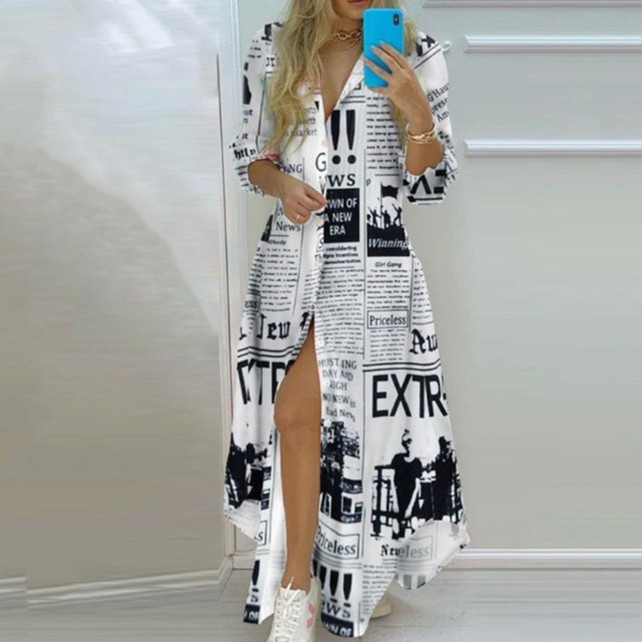 Antonia - Robe de luxe avec imprimé artistique unique de journaux