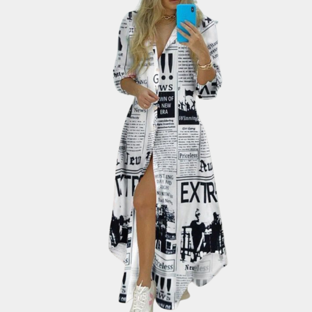 Antonia - Robe de luxe avec imprimé artistique unique de journaux
