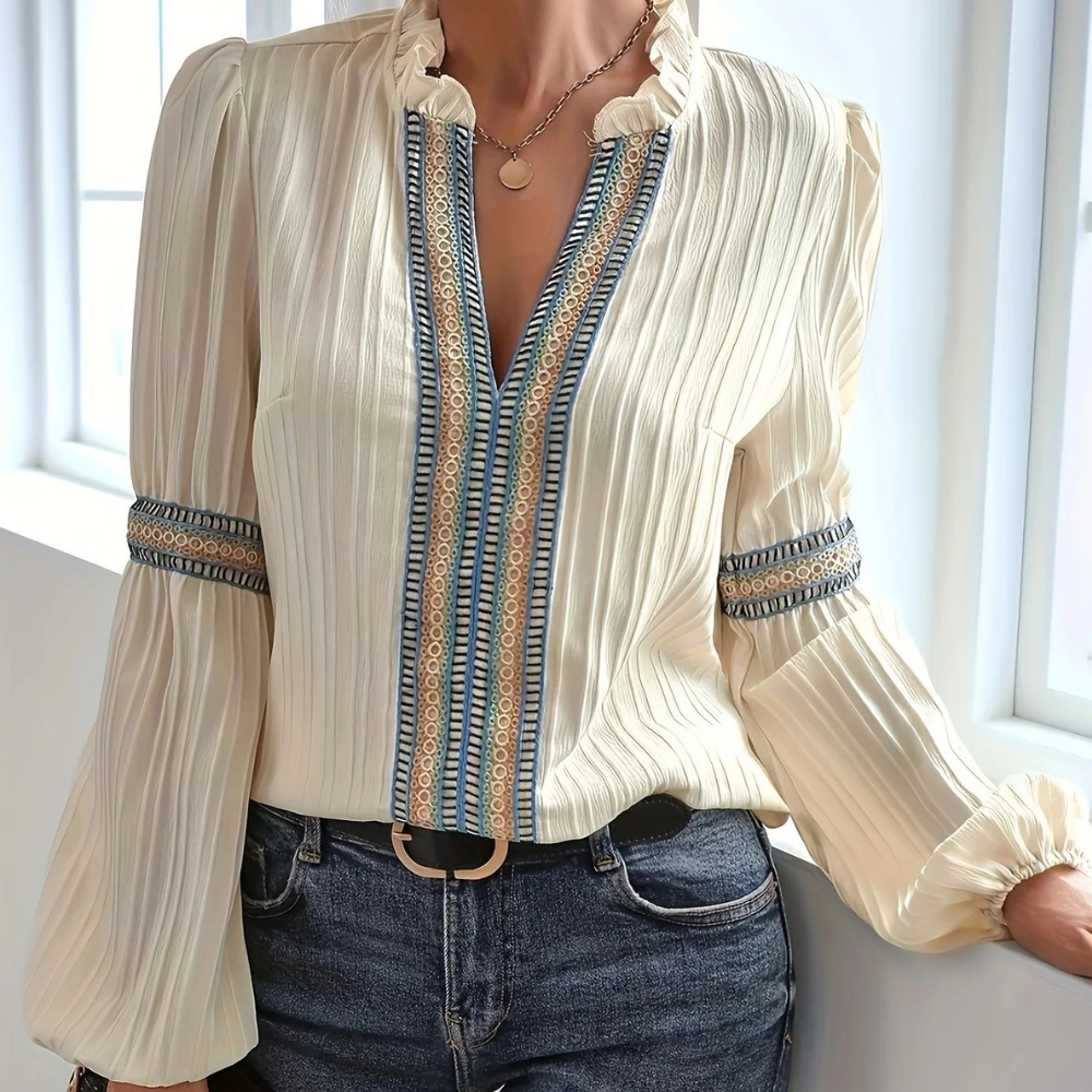 Teodora - Blouse élégante à col en V avec volants tendance pour femme