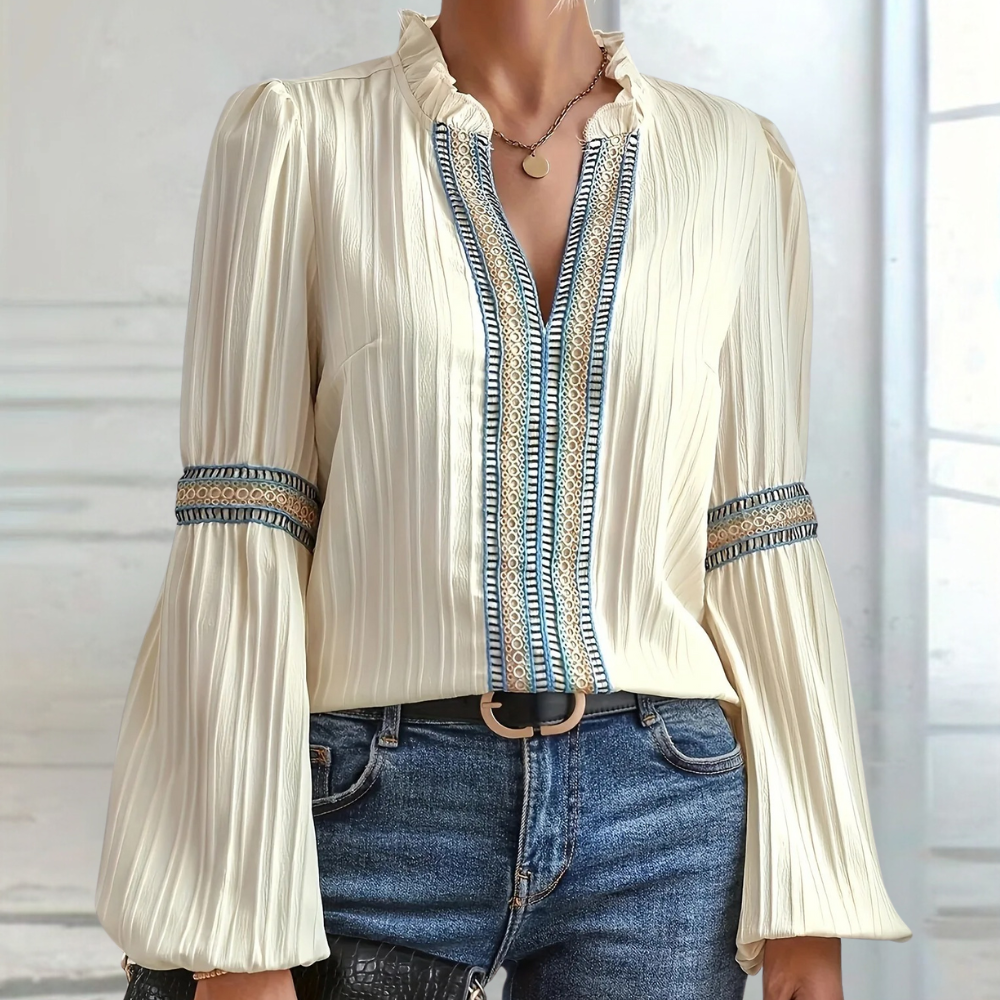 Teodora - Blouse élégante à col en V avec volants tendance pour femme
