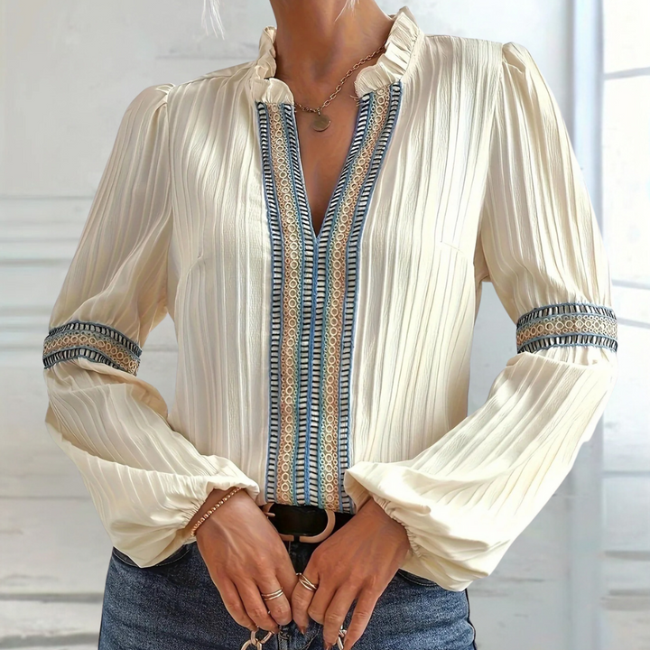 Teodora - Blouse élégante à col en V avec volants tendance pour femme