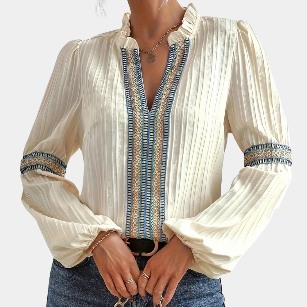 Teodora - Blouse élégante à col en V avec volants tendance pour femme