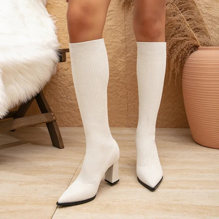 AMELIA - Trendige hohe Strickstiefel mit bequemem Blockabsatz