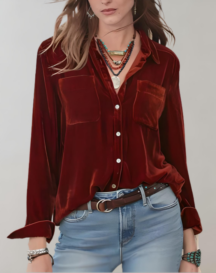 Sienna - Elegantes Vintage Herbst Samt Top mit Knöpfen für Frauen