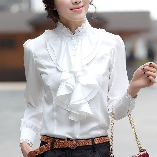Blouse blanche printanière élégante avec col à volants et manches longues pour femmes - Julie
