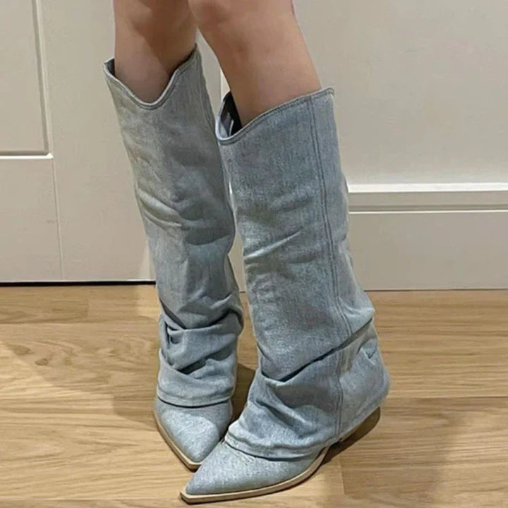 Polly - Bottes tendance en denim montant jusqu'aux genoux