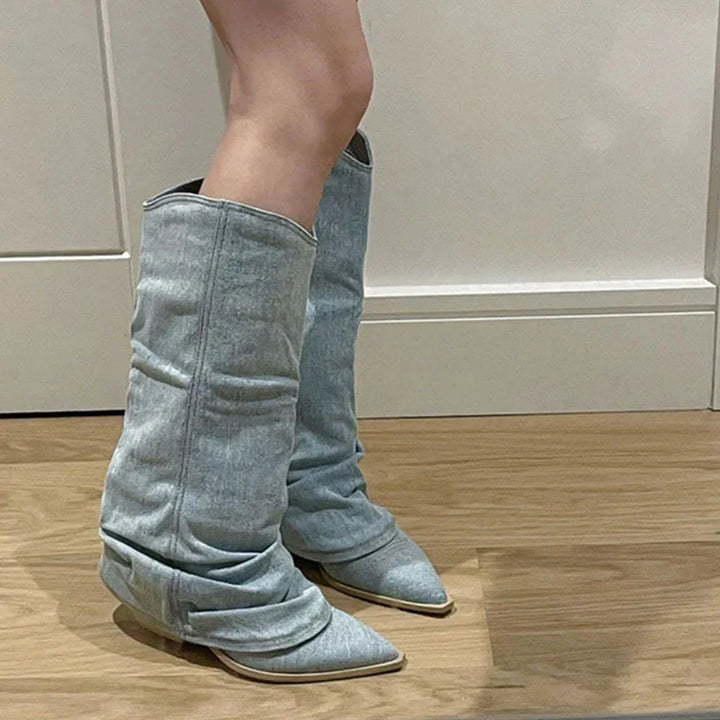 Polly - Bottes tendance en denim montant jusqu'aux genoux