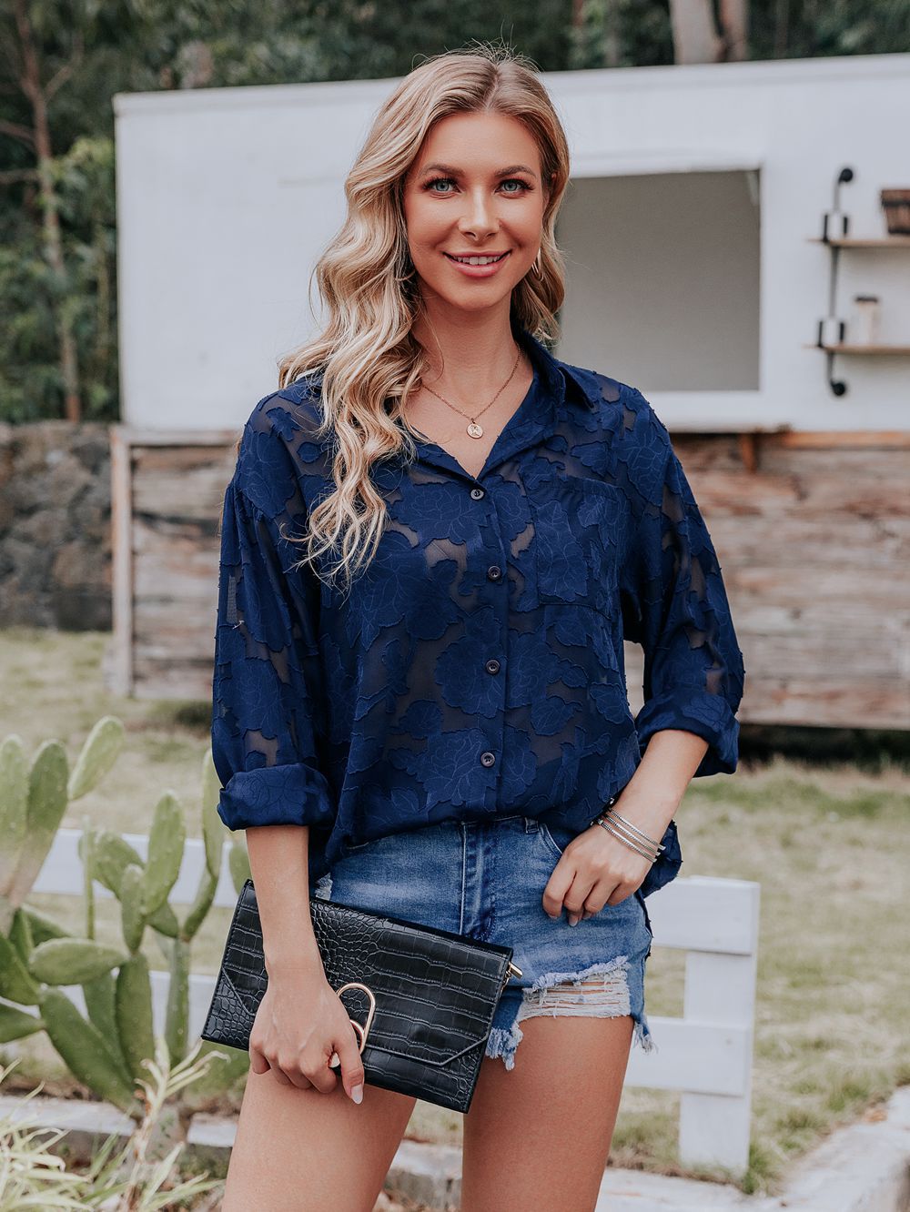 Madelyn - Elegant and Comfortable Dark Blue Blouse with Unique Pattern for Women