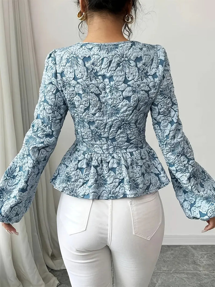 Hazel - Haut jacquard bleu élégant à motif floral pour un look d'automne parfait pour femmes