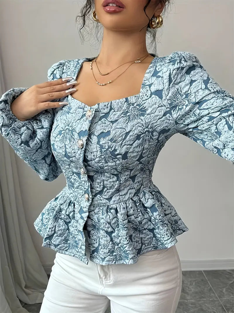 Hazel - Haut jacquard bleu élégant à motif floral pour un look d'automne parfait pour femmes