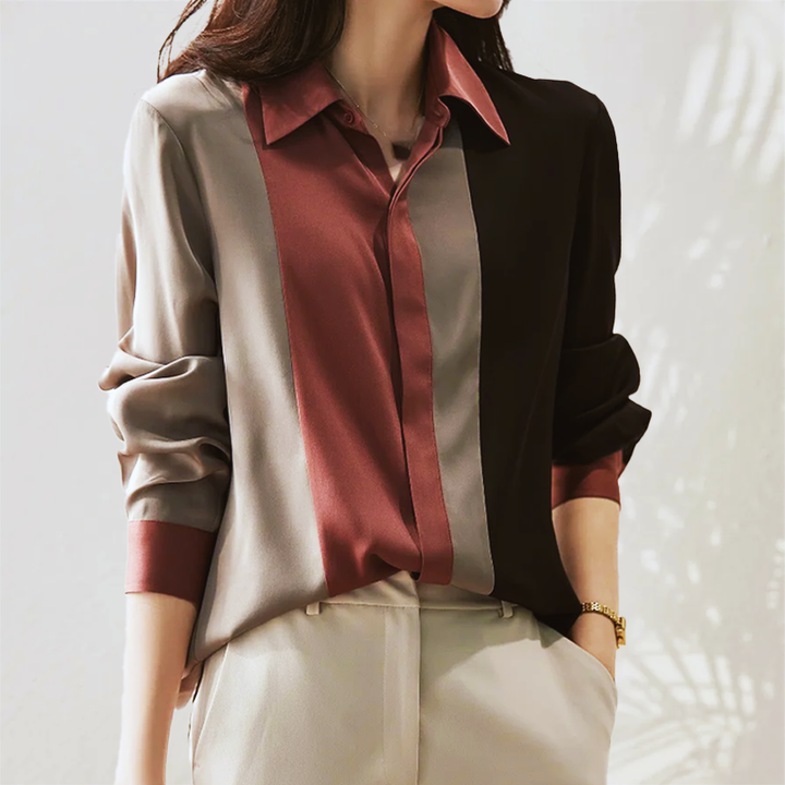 Cora - Blouse d'automne stylée en satin mélangé avec patchwork pour femmes