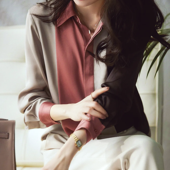 Cora - Blouse d'automne stylée en satin mélangé avec patchwork pour femmes