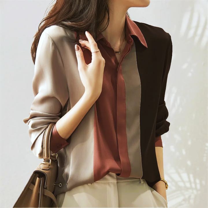 Cora - Blouse d'automne stylée en satin mélangé avec patchwork pour femmes