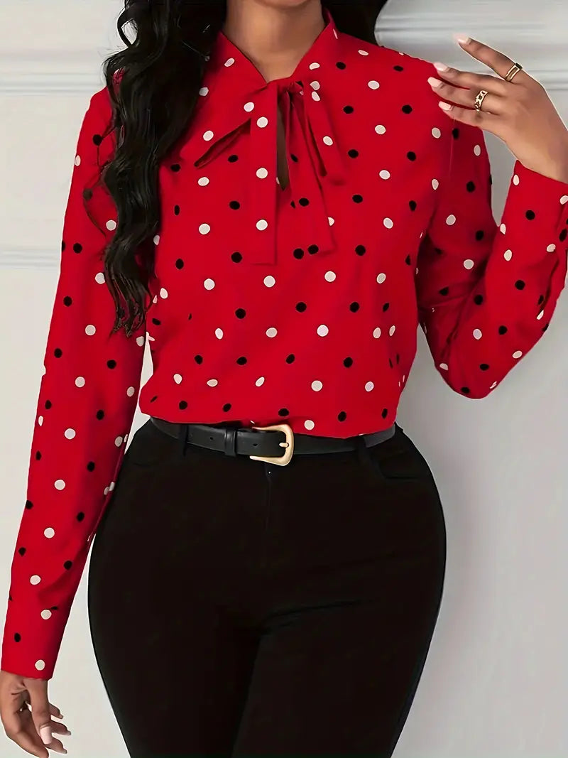 Meredith - Blouse à pois chic avec nœud élégant au col pour l'automne pour femmes