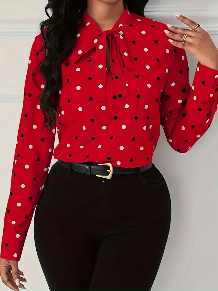 Meredith - Blouse à pois chic avec nœud élégant au col pour l'automne pour femmes