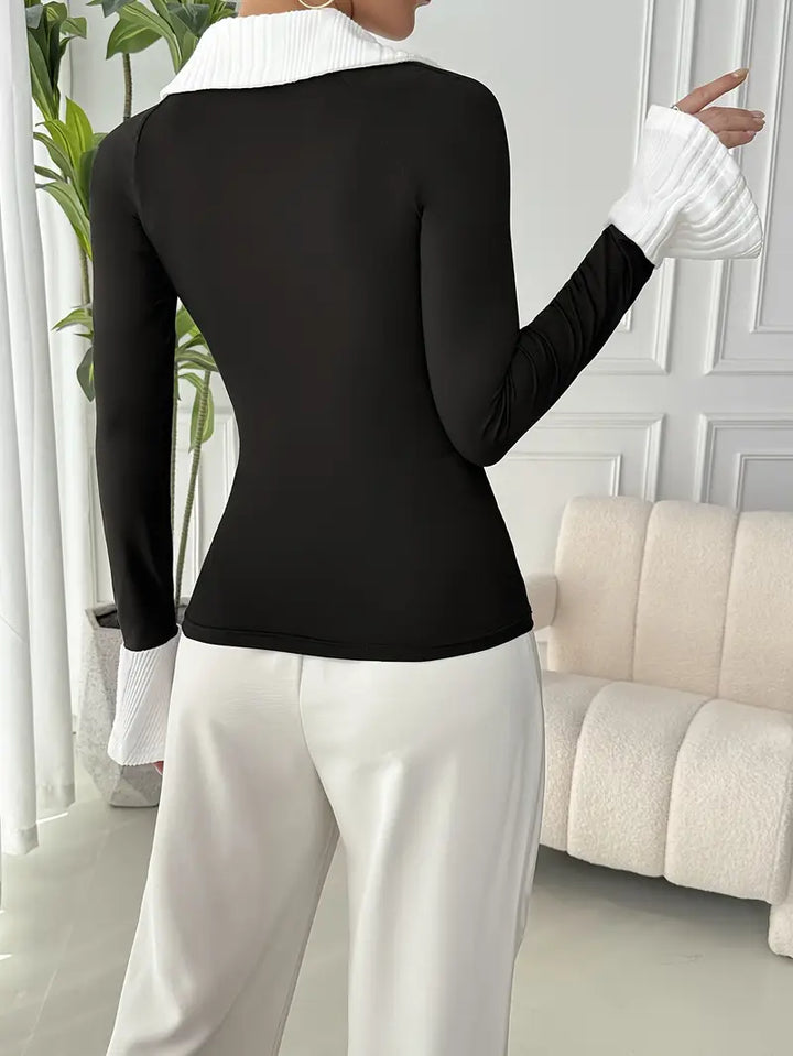 Natalie - Top noir stylé et chic d'automne avec col contrastant pour femmes