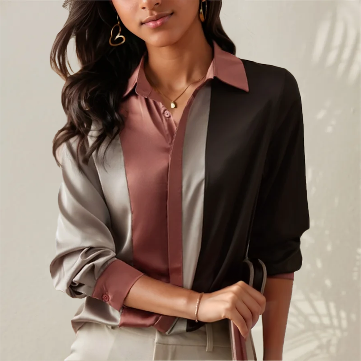 Cora - Blouse d'automne stylée en satin mélangé avec patchwork pour femmes