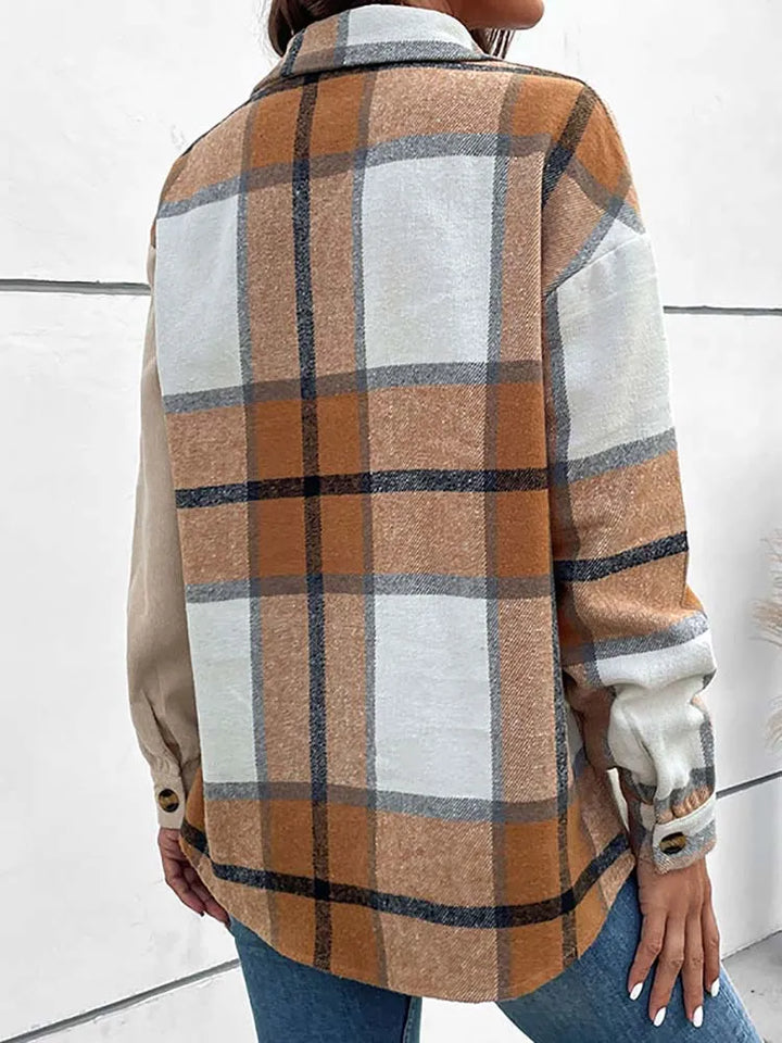 Marleen - Elegant and comfortable beige blouse with trendy check pattern for women