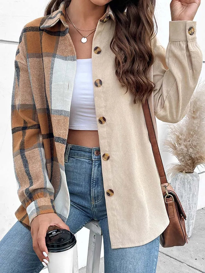 Marleen - Elegant and comfortable beige blouse with trendy check pattern for women