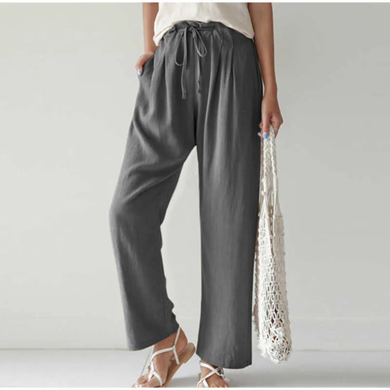 Gretel - Breathable pants with elastic waistband and fashionable pleated pocket on wide flared legs