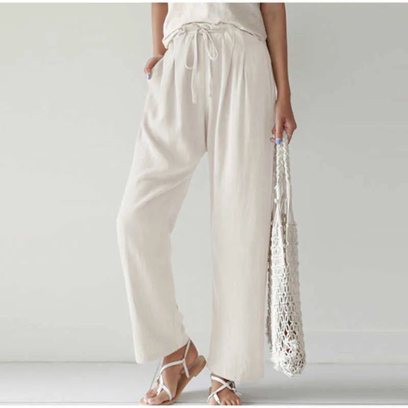 Gretel - Breathable pants with elastic waistband and fashionable pleated pocket on wide flared legs