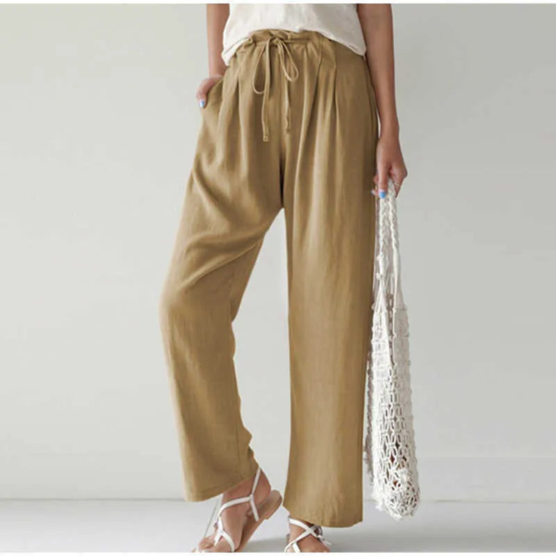 Gretel - Breathable pants with elastic waistband and fashionable pleated pocket on wide flared legs